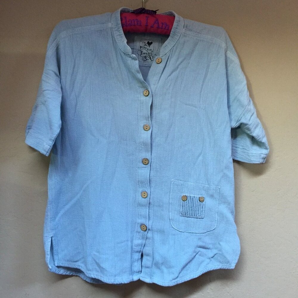 2 PC Produce Company Button Down Short Sleeve Shirt & Crop Pants Set Blue Cotton